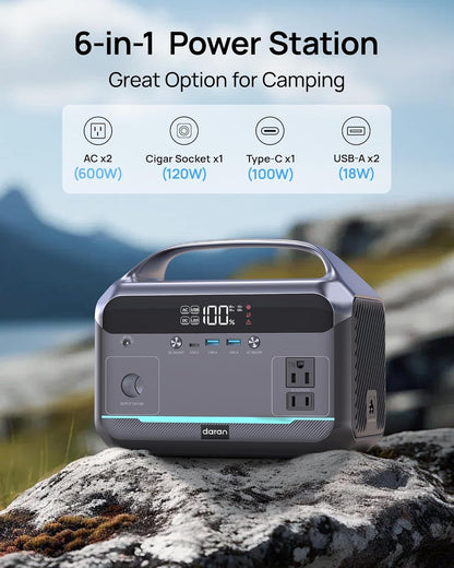 DaranEner Portable Power Station 600W, 288Wh LiFePO4 Battery Backup Power w/2×600W AC Outlets (1200W Surge), 2.2H Fast Charging, Solar Generator for Outdoor Camping/RVs/Home Emergency (Solar Optional)