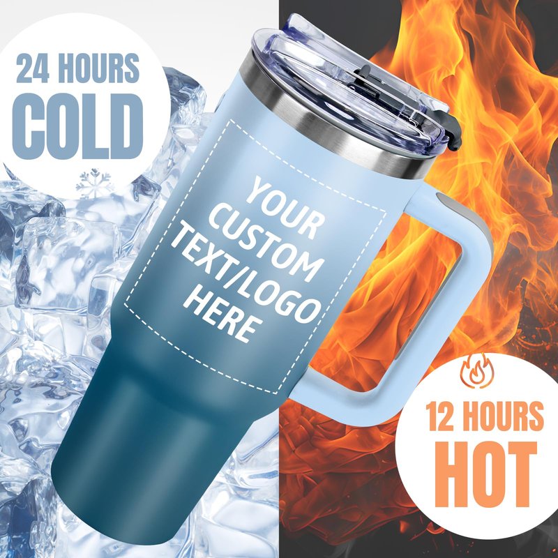 Personalized 40oz Tumbler with Pictures Text, Custom Tumbler with Handle and Straw, Stainless Steel Travel Coffee Cup Mug, Personalized Gifts for Women Men kids Birthday Christmas Anniversary