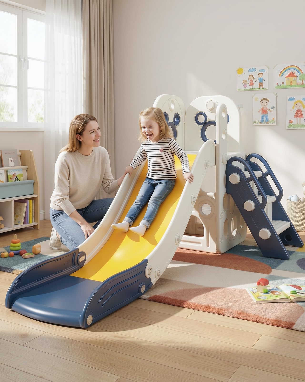 CHIIRAKU Toddler Slide L-Shaped, 5 in 1 Kids Slide Climber for Toddler, with Ball & Hoop, Indoor Outdoor Baby Playset, Anti-Slip, 65IN/165CM,Toy Storage, Ideal for Boys Girls Birthday