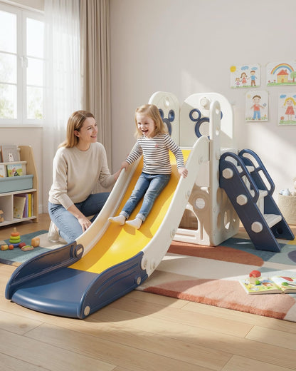 CHIIRAKU Toddler Slide L-Shaped, 5 in 1 Kids Slide Climber for Toddler, with Ball & Hoop, Indoor Outdoor Baby Playset, Anti-Slip, 65IN/165CM,Toy Storage, Ideal for Boys Girls Birthday