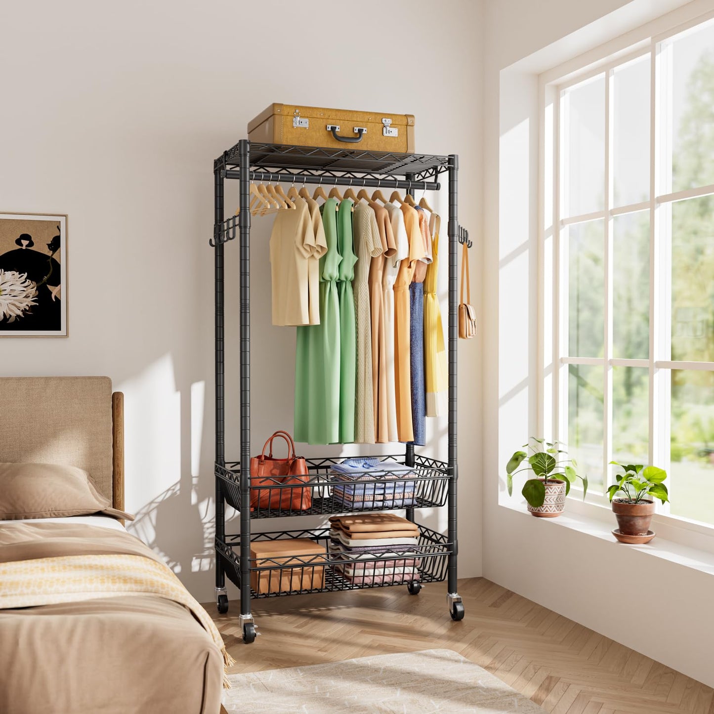 Heavy Duty Clothes Rack Rolling Garment Rack,3 Tier Adjustable Wire Shelving Clothing Racks for Hanging Clothes with Double Rods&Side Hooks,Freestanding Wardrobe Storage Rack Metal Portable Closet