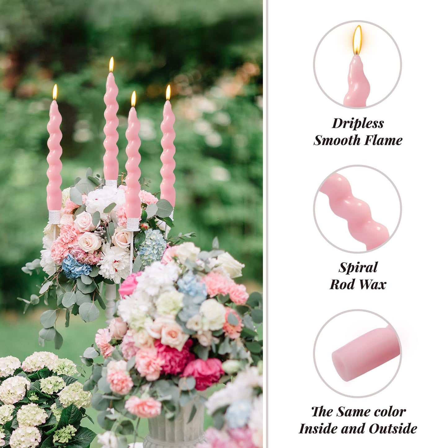 4 Pack 7 Inch Baby-Pink Spiral Taper Candles, Unscented Dripless Fat Twisted Candlesticks for Home Décor Party Wedding and Celebrations
