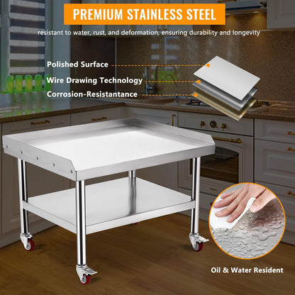 ExploreHorizon Stainless Steel 36x28x24 Inch Equipment Grill Stand Table with wheels, 660 Lbs Top & Bottom Shelf, Adjustable Legs, 2" Edge Baffle, for Hotel, Home, Commercial Restaurant Kitchen