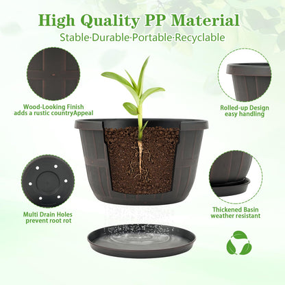 Quarut 16 Inch Brown Classic Plastic Whiskey Barrel Planters Set of 4 with Drainage Holes & Trays for Indoor & Outdoor Use