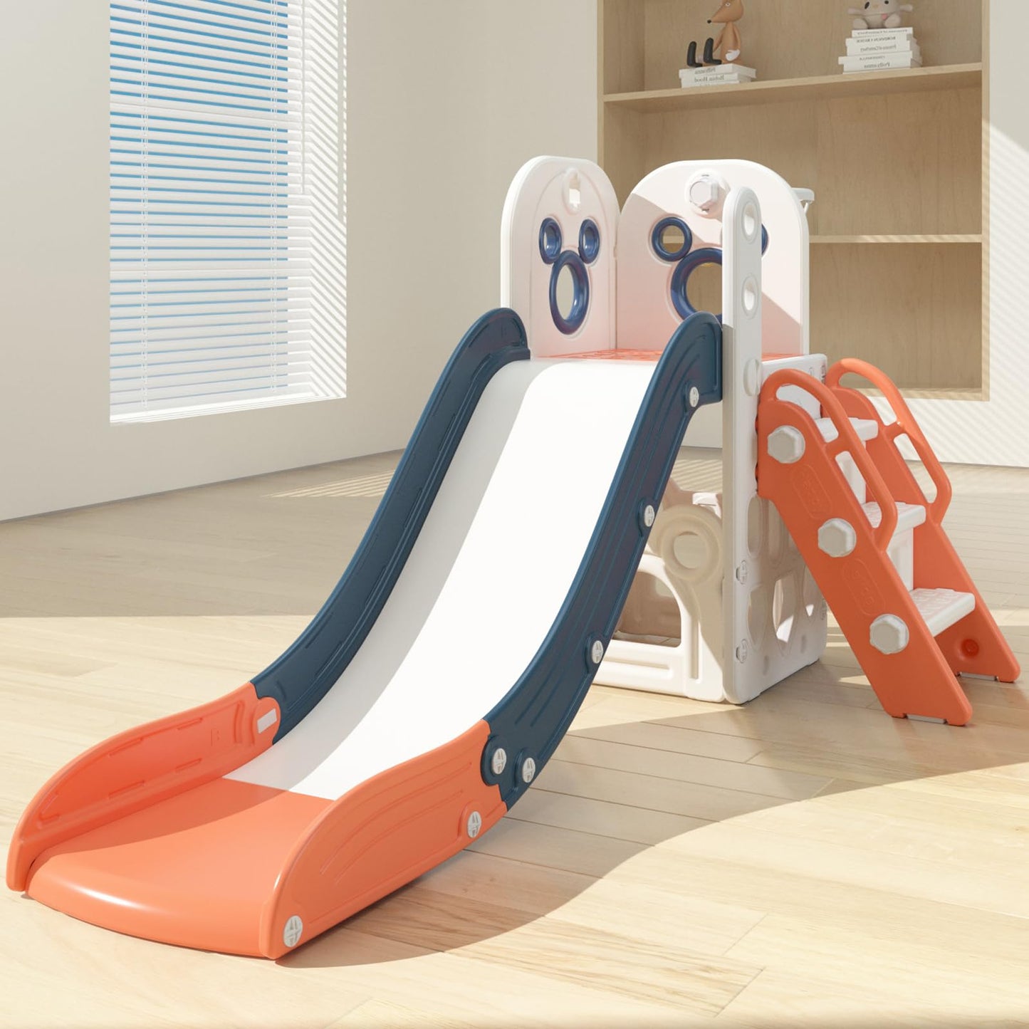 CHIIRAKU Toddler Slide L-Shaped, 5 in 1 Kids Slide Climber for Toddler, with Ball & Hoop, Indoor Outdoor Baby Playset, Anti-Slip, 65IN/165CM,Toy Storage, Ideal for Boys Girls Birthday