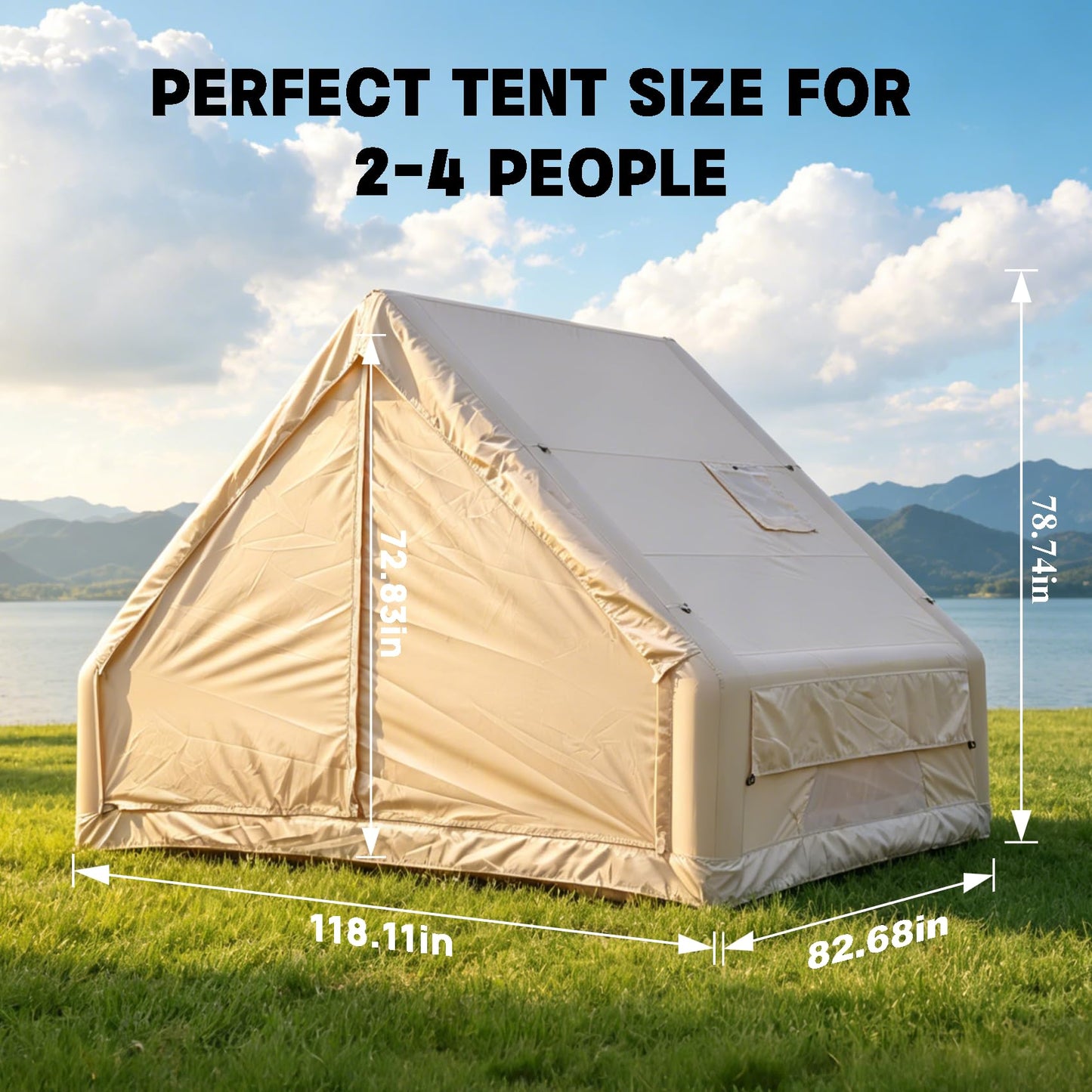 2026 New Inflatable Tent for Camping 68 sq.ft, 4 Person Blow Up Tent with Stove Jack & Hand Pump, Khaki Waterproof Oxford Air Glamping Tent, Easy Setup 4 Season Luxury Cabin Tent for Outdoor Family