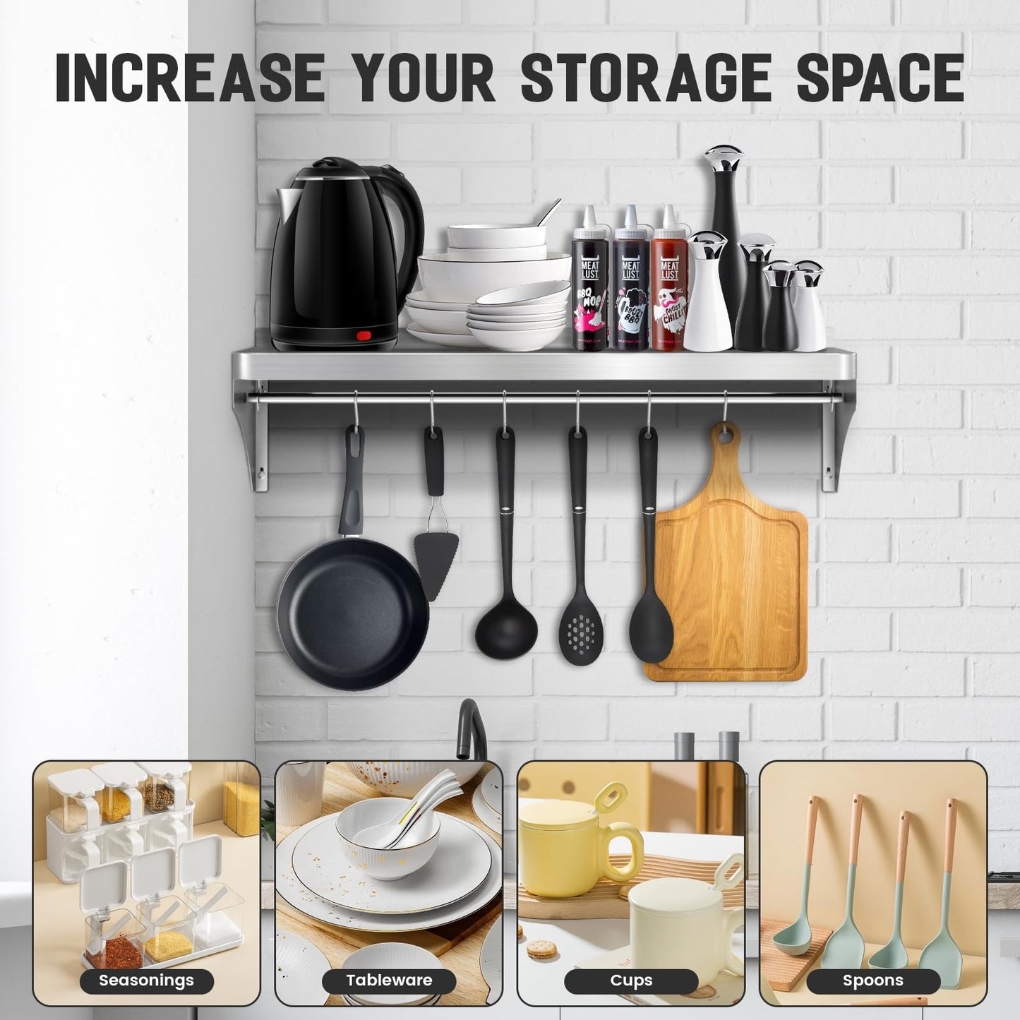 VENFAN Commercial Stainless Steel Shelf 36" x 12" - 250lb Load Capacity, Heavy Duty Stainless Steel Wall Mounted Kitchen Shelf with Backsplash & 6 Hooks for Restaurant, Laundry