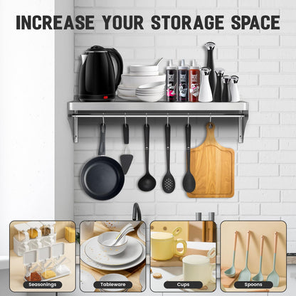VENFAN Commercial Stainless Steel Shelf 36" x 12" - 250lb Load Capacity, Heavy Duty Stainless Steel Wall Mounted Kitchen Shelf with Backsplash & 6 Hooks for Restaurant, Laundry