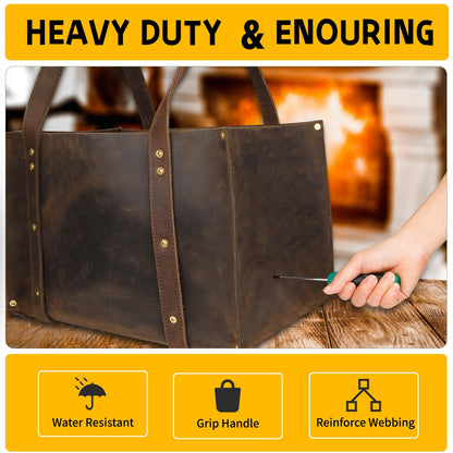 Woodman's Premium Cowhide Leather Log Carrier, Handcrafted Heavy-Duty Firewood Bag for Outdoor Camping, BBQ
