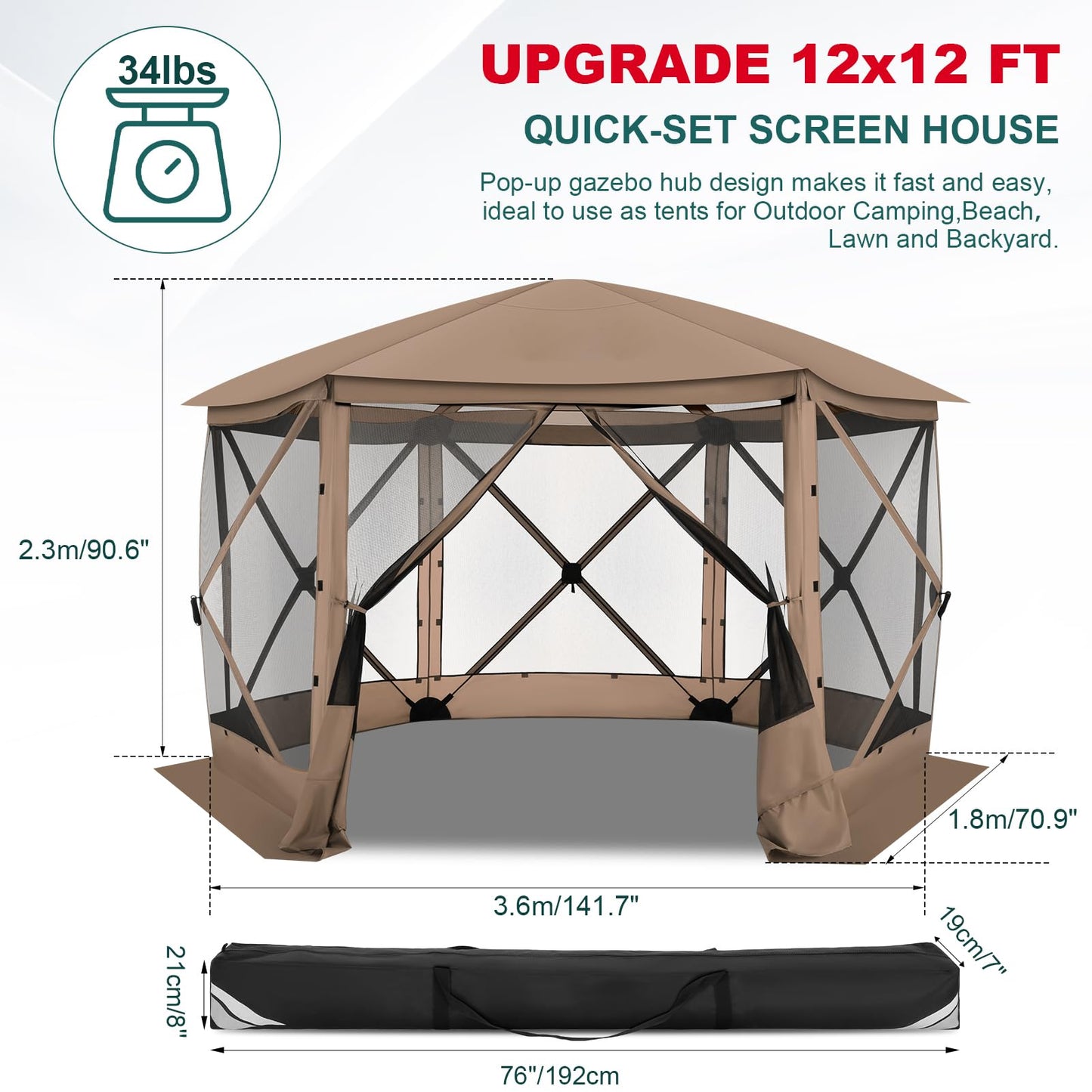COBIZI 12x12 FT Pop Up Canopy Stargazing Tent, Gazebos On Clearance with Removable Roof, Screened in Gazebo, Screen Tents Portable carpas para Patio for Outdoor Camping,Backyard, Garden, Khaki(Pro)