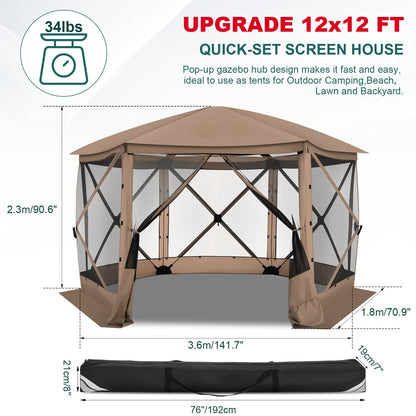 COBIZI 12x12 FT Pop Up Canopy Stargazing Tent, Gazebos On Clearance with Removable Roof, Screened in Gazebo, Screen Tents Portable carpas para Patio for Outdoor Camping,Backyard, Garden, Khaki(Pro)