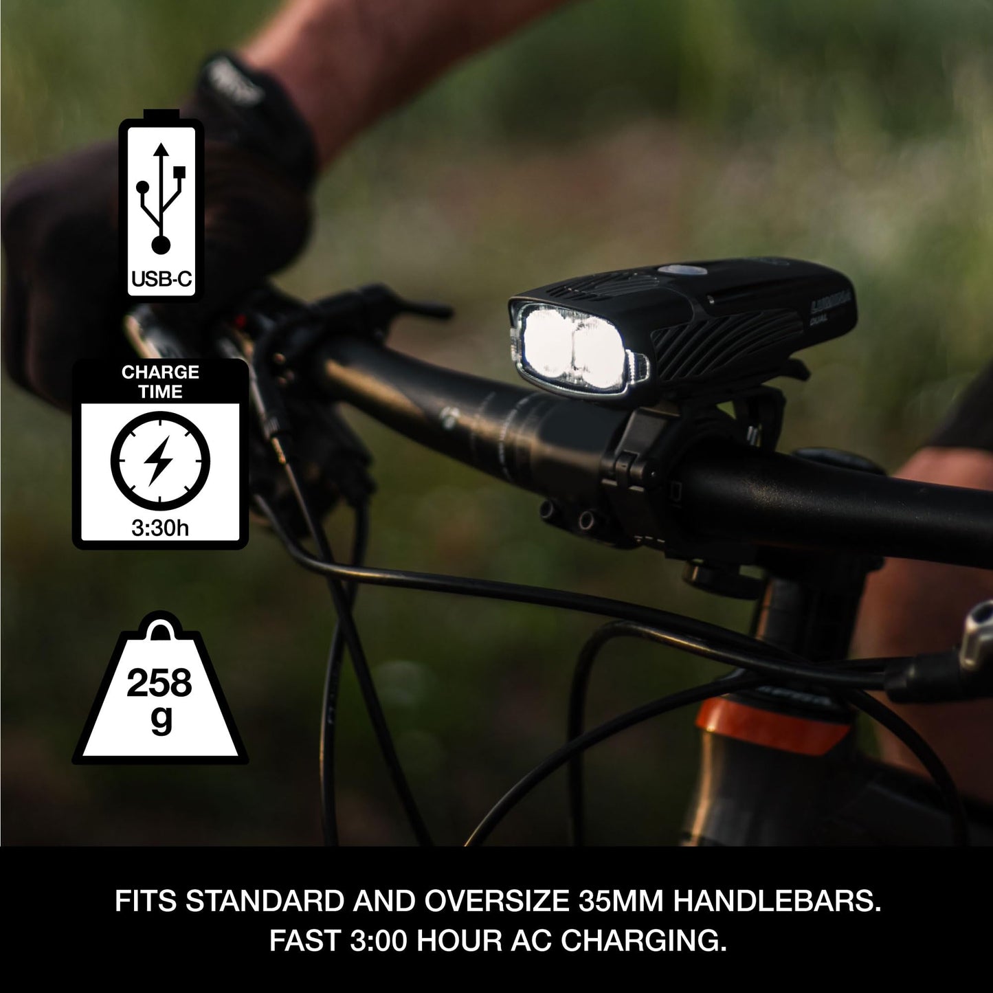 NiteRider Lumina Dual 2000 Lumen USB-C Rechargeable Dual LED Front Bike Light - 7 Modes Powerful Lumens IP64 Waterproof Bike Headlight Easy Mount Single Button Control MTB, Trail, Enduro, Road Cycling