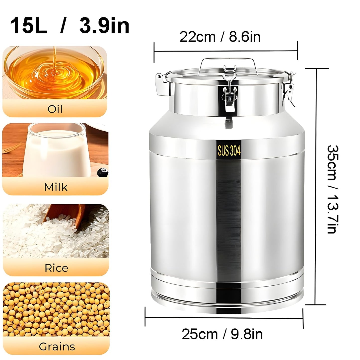 Tircoiude Airtight Stainless Steel Storage Canister 3.9 Gal 304 Food Grade Metal Storage Container with Seal Clamp, Stainless Steel Milk Can for Dry Food, Flour, Cooking Oil & Home Brewing Wine 15L