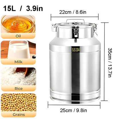 Tircoiude Airtight Stainless Steel Storage Canister 3.9 Gal 304 Food Grade Metal Storage Container with Seal Clamp, Stainless Steel Milk Can for Dry Food, Flour, Cooking Oil & Home Brewing Wine 15L