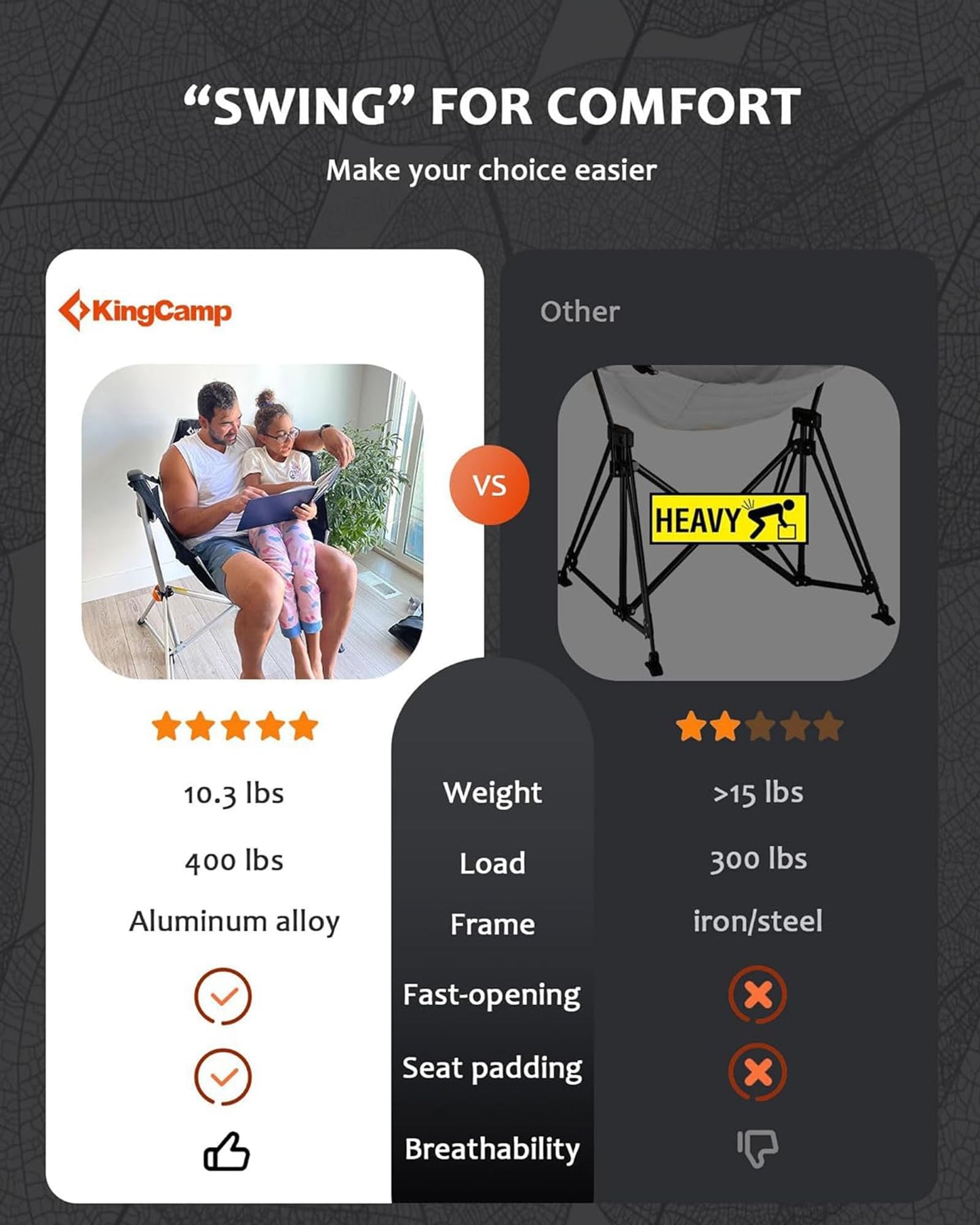 KingCamp Hammock Camping Chair, Swinging Portable Folding Camp Chairs for Adults Max 440lbs Heavy Duty Foldable Oversized Rocker with Aluminum Alloy Frame Cup Holder for Outdoor Beach Patio Sport