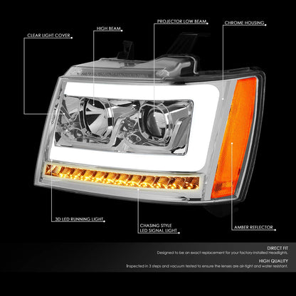 DNA MOTORING HL-HPL-CSA07-CH-AM LED DRL Sequential Turn Signal Projector Headlight Headlamps Compatible with 07-13 Avalanche, Chrome/Amber