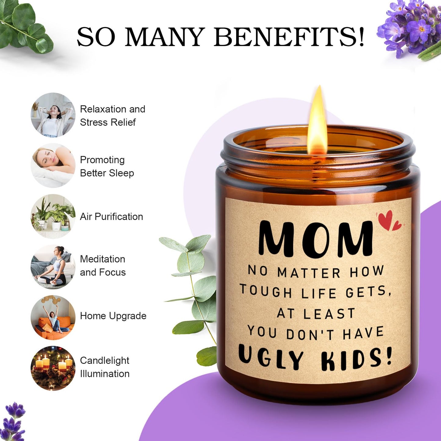 KOTKAS Lavender Candle Gifts for Mom Birthday - Funny Mothers Day Candles for Mom from Son Daughter - Eucalyptus Lavender Scented Soy Candles Non Toxic for Home - at Least You Dont Have Ugly Children