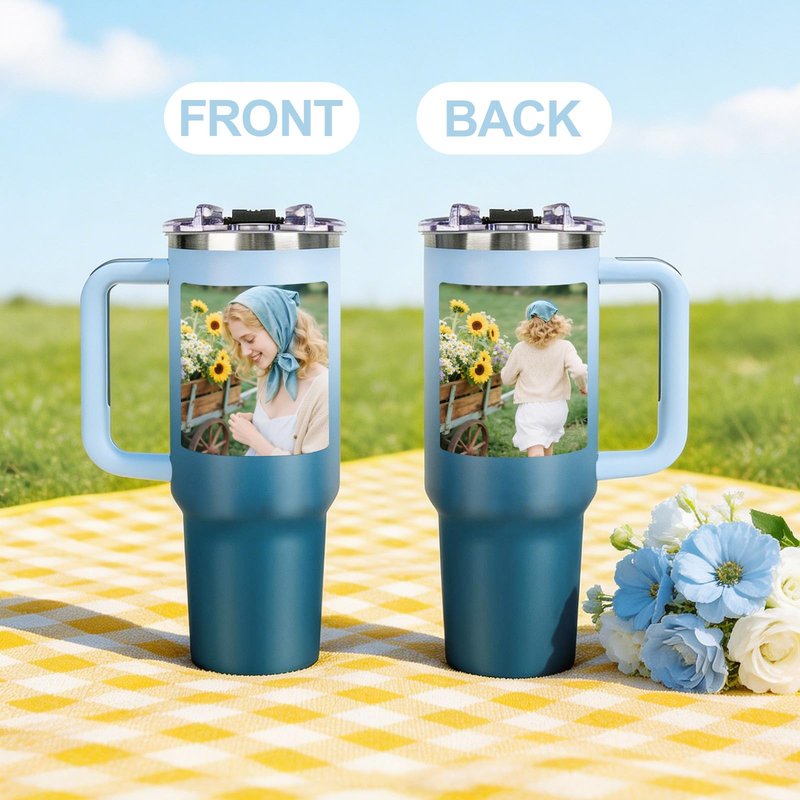 Personalized 40oz Tumbler with Pictures Text, Custom Tumbler with Handle and Straw, Stainless Steel Travel Coffee Cup Mug, Personalized Gifts for Women Men kids Birthday Christmas Anniversary