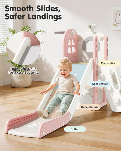 Babytronic Toddler Slide for Kids 1-3, 6-in-1 Toddler Slide Set with Basketball Hoop & Telescope, Indoor Outdoor Toddler Playset, Kids Climber Playset for Small Spaces, Indoor Playground, Pink