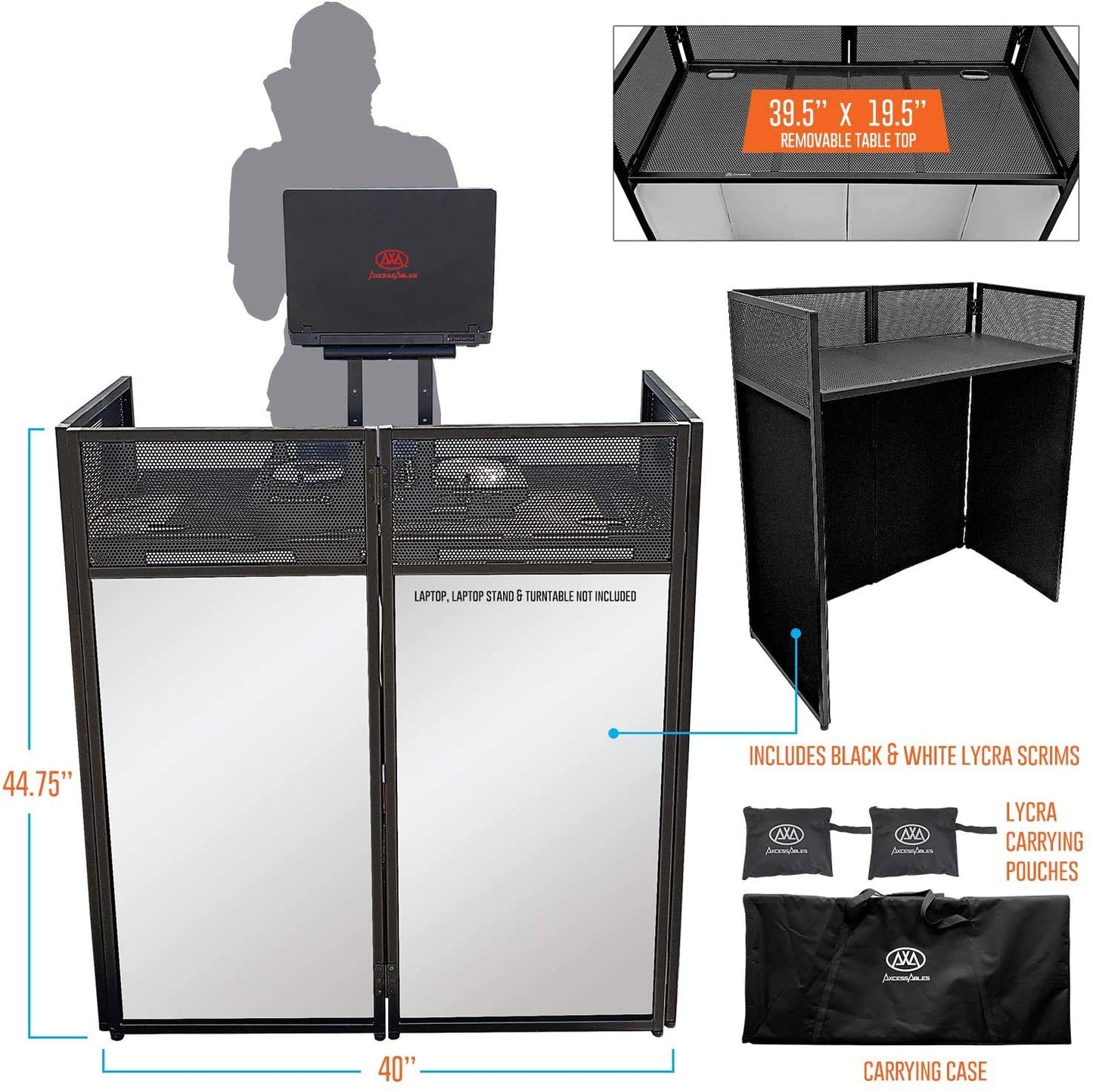 AxcessAbles Portable DJ Facade Booth with Black and White Lighting Scrims, Carry Cases | Standing DJ Table - 40" x 20" | DJ Controller Stand | Recording Mixer Stand | DJ Booth (ES-01)