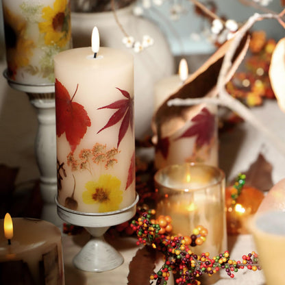 Fall Flameless Candles with Real Maple Leaf & Marigold Embedded Pillar Candles Battery Operated with Remote (3" × 6") - Straight Edge, Real Wax, Unscented - Ideal for Thanksgiving Decorations