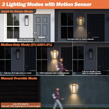 VenzBlomia LED Outdoor Lanterns, 16in Waterproof Motion Sensor Sconce, Oil Rubbed Bronze, 2 Pack, Rustic Metal Design