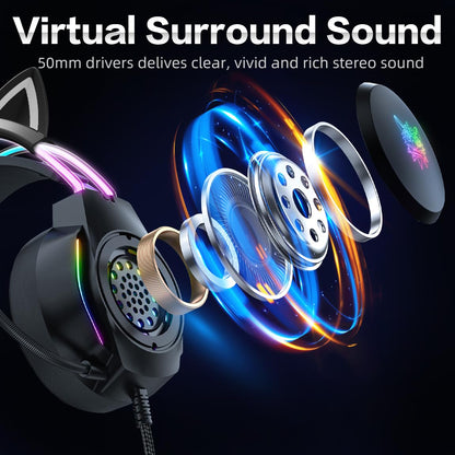 ONITOON Gaming Headset with Microphone, Cat Ear Headphones for PC Laptop PS4 PS5 Xbox Switch, Rainbow RGB Lighting & Virtual Surround Sound, 3.5mm Wired Over Ear Headphones, Ergonomic