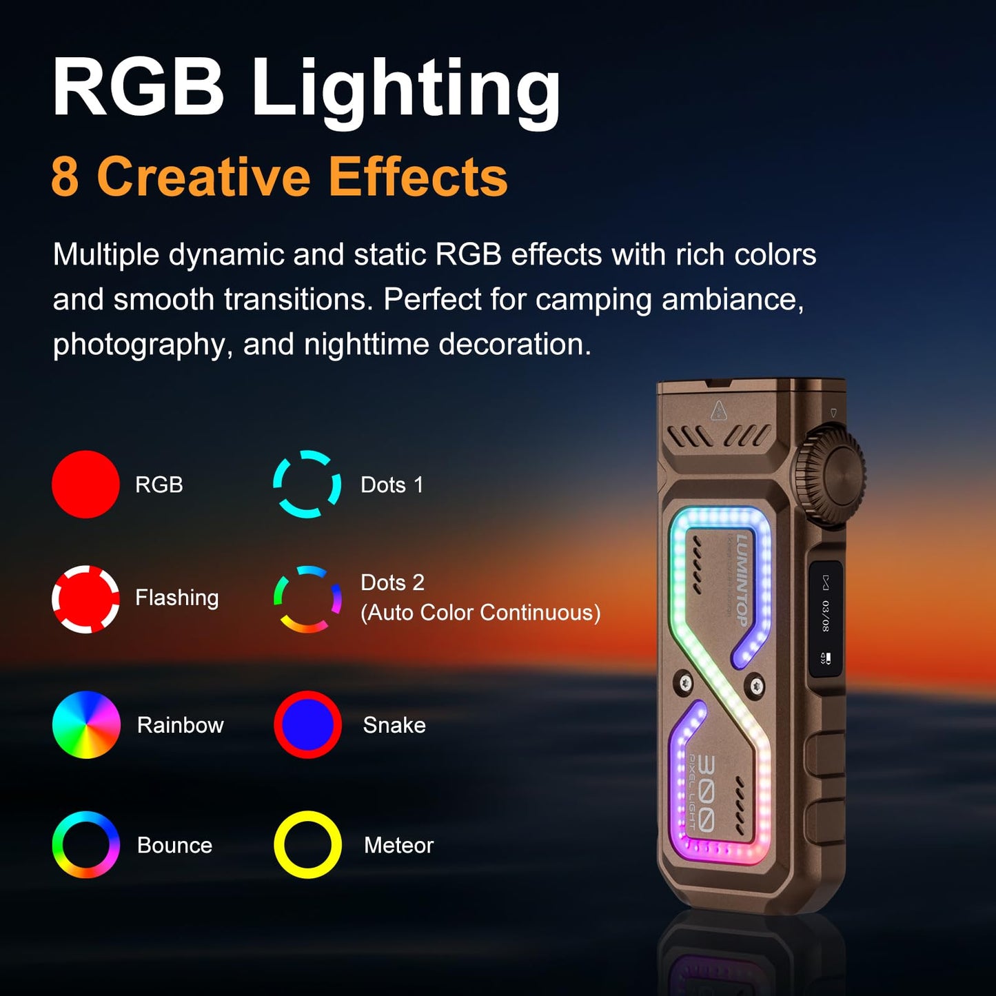 LUMINTOP Pixel Light Flat Rechargeable Flashlight, 1002Lumens, Rotary Dial Control & Smart Display, Spotlight/Floodlight/UV/Green Light/RGB, Dice Mode and Rock-Paper-Scissors, Rainbow/Meteor/Snake