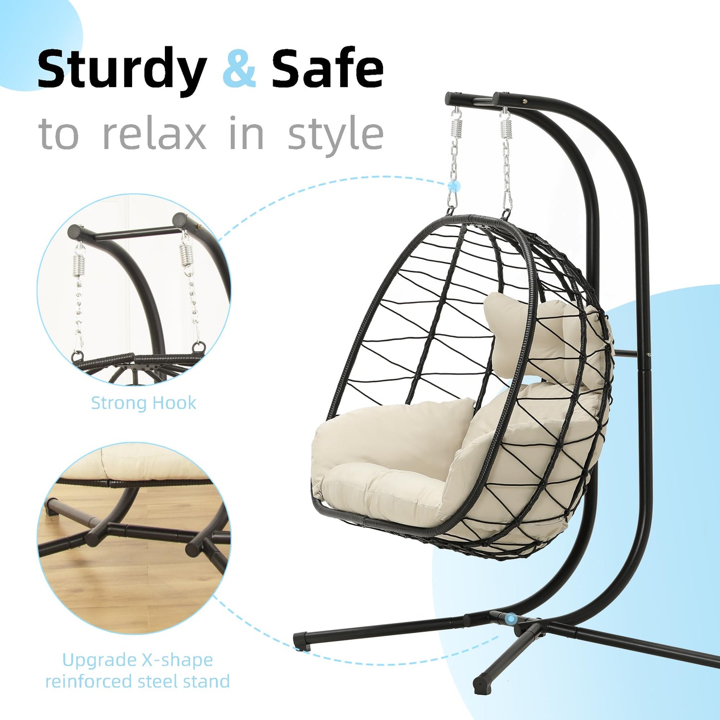Double Egg Chair with Stand Hammock Swing Chair Foldable Hanging Loveseat, UV Resistant Removable Cushions, 700LBS Capacity for Bedroom, Balcony, Garden(BK-BE)