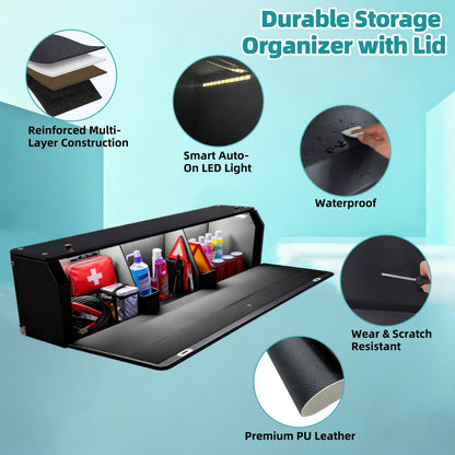 CarCrate Car Trunk Organizer with LED Light, SUV Organizer Trunk Storage, Leather Callapsible Storage Box, Waterproof Car Organizers and Storage Powered by 4 AA Batteries(Batteries Not Included)
