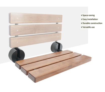 DIYHD 20" Premium Burmese Teak Wood Folding Shower Seat,Black Wall Mounted Folding Bench, Solid Teak Wood with Stainless Steel Bars, 330 lbs Capacity, 14” W x 20” D, Fits 16” Stud Spacing