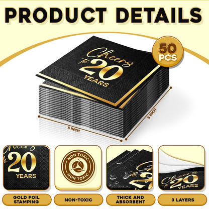 JOYGATHER Cheers to 20 Years - 50PCS Black & Gold Foil Cocktail Napkins, 3-Ply Disposable Paper 5x5 Inches 20th Birthday Decorations, Wedding, Anniversary, Party Men & Women