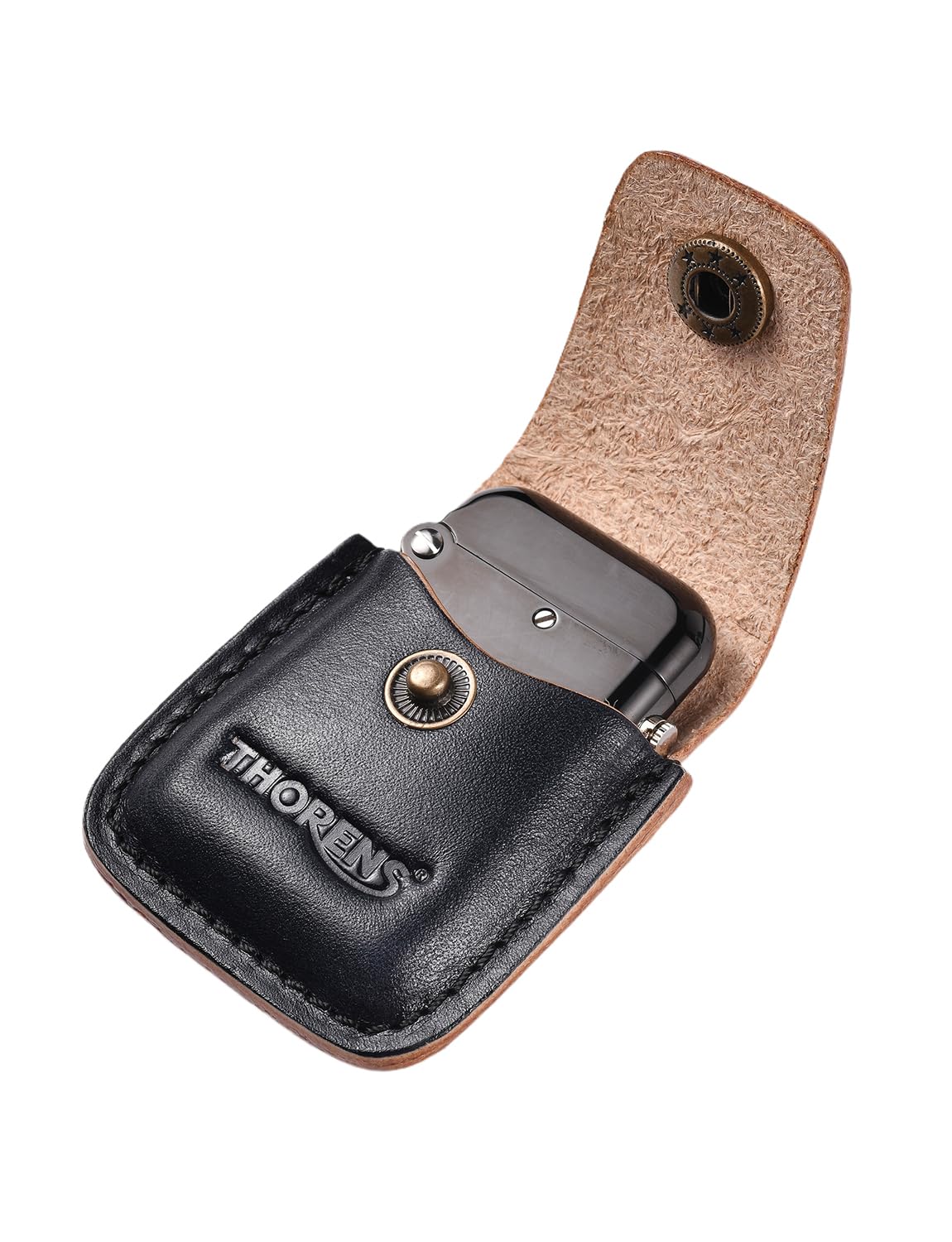 Thorens Lighter Bundle - 4-Piece Set with 1 Lighter, 1 Leather Case, 5 Flints & 1 Cotton Wick, Refillable Kerosene Design - Multi-Purpose Vintage Lighter Ideal for Gifting