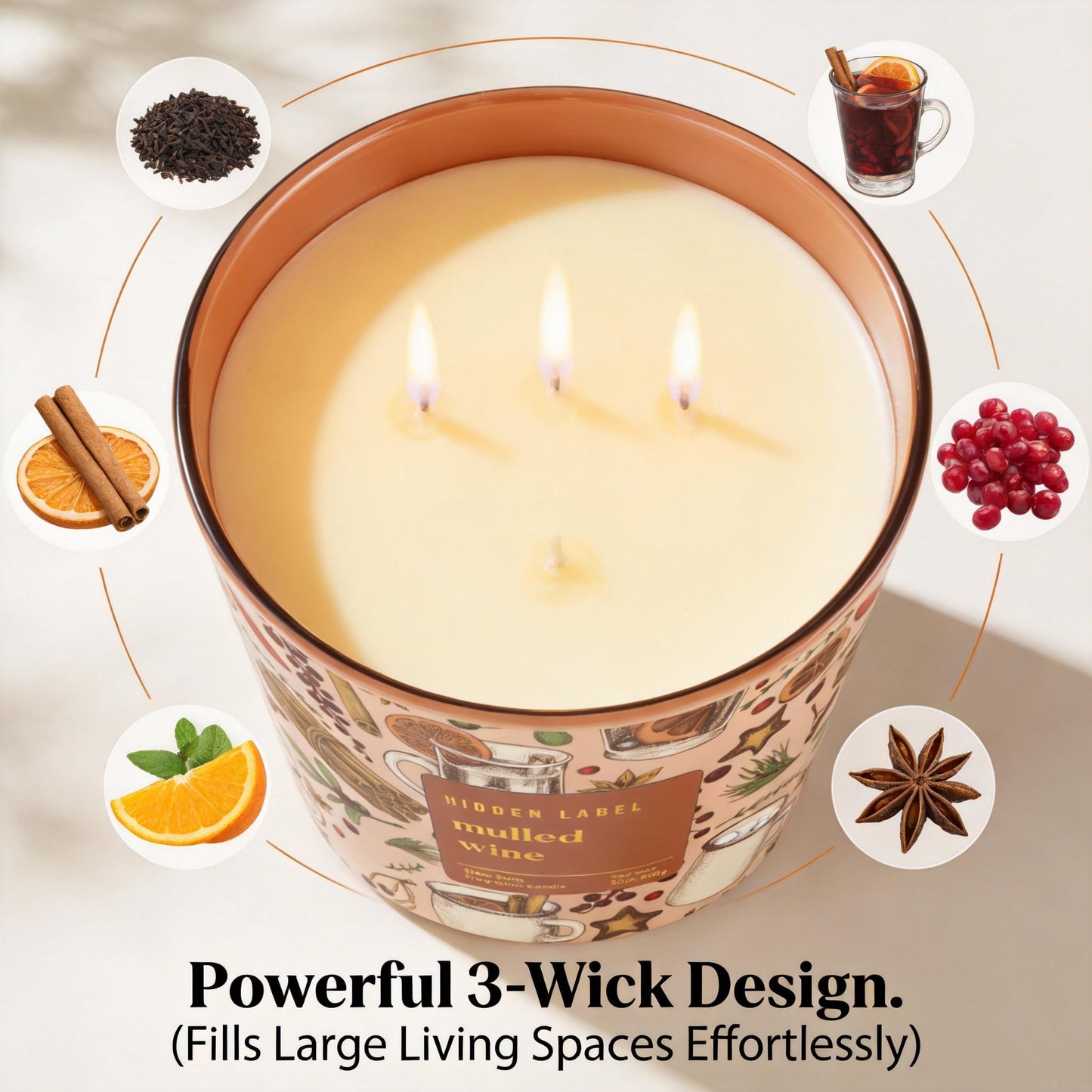 Hidden Label Mulled Wine Scented Candle for Home, 30oz Large 3 Wick Soy Candle, 100H Long Lasting, Cinnamon Orange Clove, Non-Toxic Clean Burn, Christmas Winter Gifts for Women, Holiday Gift