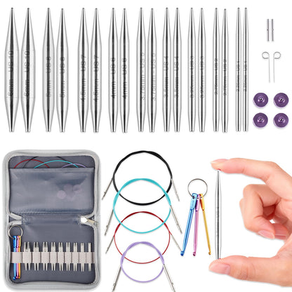 Svartur 2 inch Interchangeable Circular Knitting Needles, Stainless Steel Shorties Interchangeable Knitting Needles with 4 Assorted Cables, Storage case