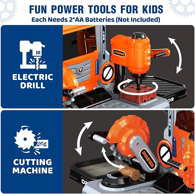 Kids Tool Bench with Electric Drill and Power Miter Saw Construction Workbench Toys for Boys Age 3 4 5 6 7 8 Toddler Realistic Tools Table Playset Tool Box Set Christmas Birthday Gift for Kids 3-5