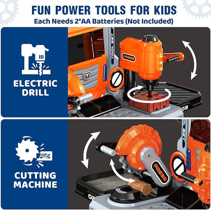 Kids Tool Bench with Electric Drill and Power Miter Saw Construction Workbench Toys for Boys Age 3 4 5 6 7 8 Toddler Realistic Tools Table Playset Tool Box Set Christmas Birthday Gift for Kids 3-5