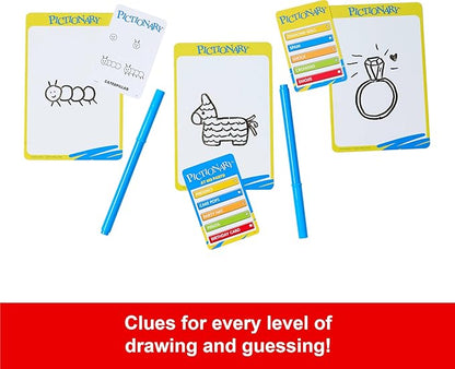 Mattel Games Pictionary Family Board Game for Kids Adults and Game Night for 2 Teams with Erasable Markers Boards and Sand Timer