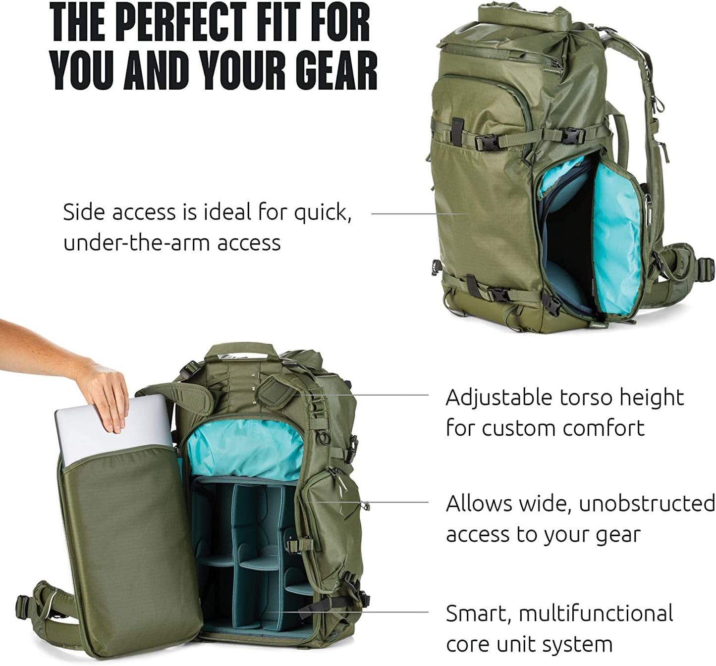 Shimoda Action X30 v2 Backpack, Outdoor Photography Adventure Pack for mirrorless and DSLR cameras, w/Modular Core Unit Compatibility, Expandable Rolltop, 16" Laptop Sleeve, Army Green