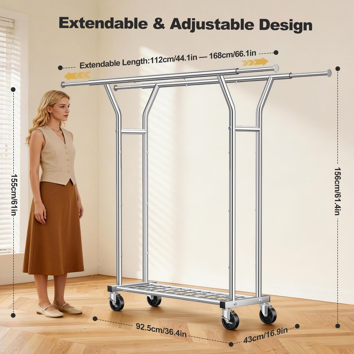 LZNIOZ Heavy Duty Clothes Rack - Load 620 LBS, Rolling Clothing Rack for Hanging Clothes with Lockable Wheels & Shelves, Extendable Double Rod Garment Rack for Bedroom, Laundry, Living Room, Silver