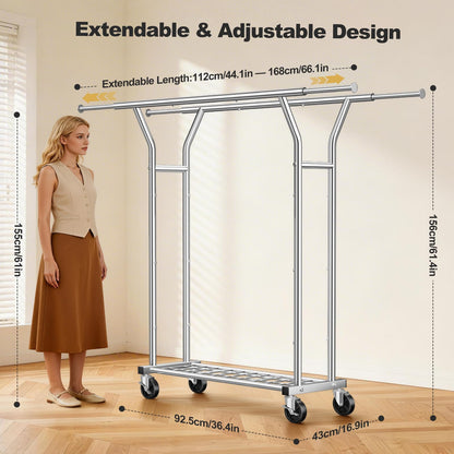 LZNIOZ Heavy Duty Clothes Rack - Load 620 LBS, Rolling Clothing Rack for Hanging Clothes with Lockable Wheels & Shelves, Extendable Double Rod Garment Rack for Bedroom, Laundry, Living Room, Silver