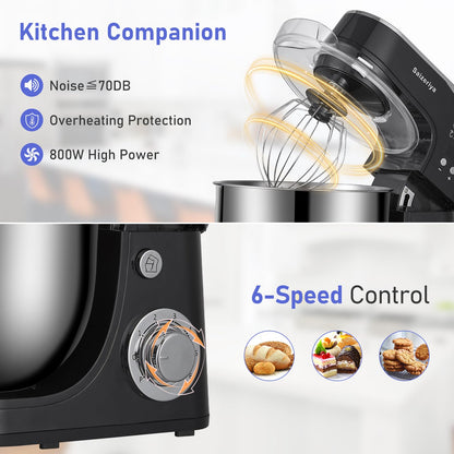 Electric Stand Mixer, 4.5QT 6-Speeds Electric Food Cake Mixer, 800W Dough Mixer Tilt-Head Electric Stand Up Mixer with Stainless Steel Bowl, Dough Hook, Mixing Beater and Whisk, Splash Guard, Black