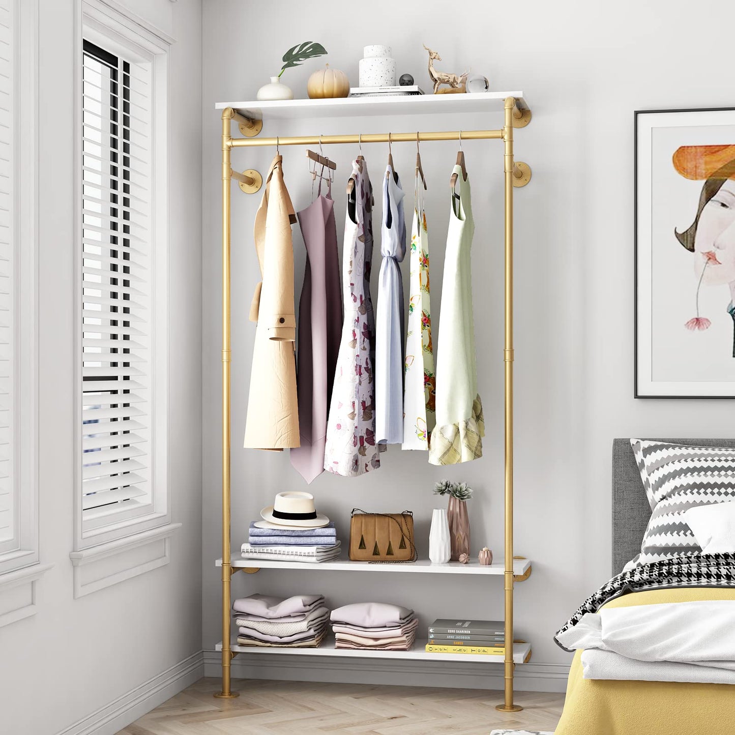 Smlttel Gold Wall Clothing Racks with White Shelves, Wall Mounted Gold Clothes Rack for Hanging Rods，Heavy Duty Industrial Pipe Clothing Racks With Shelves Retail Display Garment Rack for Home