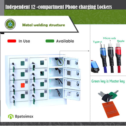 Bpatoimsx Secure and Convenient 12 Slots Cell Mobile Phone Metal Storage Cabinet Lockers with Charger Charging Station Cabinet and Key Lock White - Ideal for Students and Employees or Police Station
