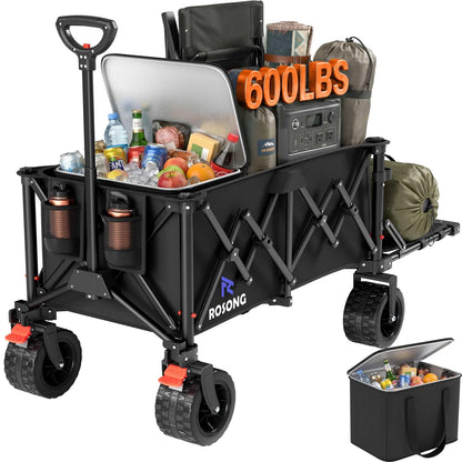 220L Folding Wagon with Detachable 14 Gallon Cooler Bag, Extra Large All-Terrain Heavy Duty Collapsible Beach Wagon Cart with Big Wheels, Foldable Utility Cart for Camping, Tailgate