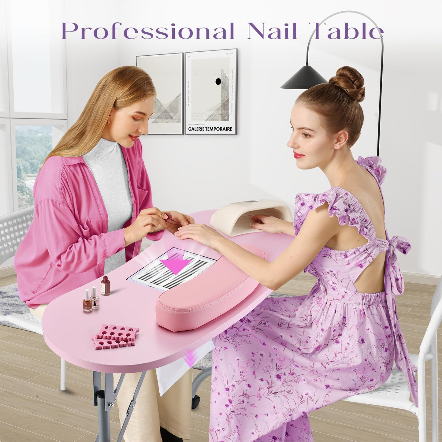 Faquenc Manicure Table with Nail Dust Collector, Portable Nail Table Rolling Nail Desk Nail Tech Travel Nail Station Foldable Professional Nail Salon Table with Cacuum,Arm Rest,Lockable Wheel,Bag,Pink