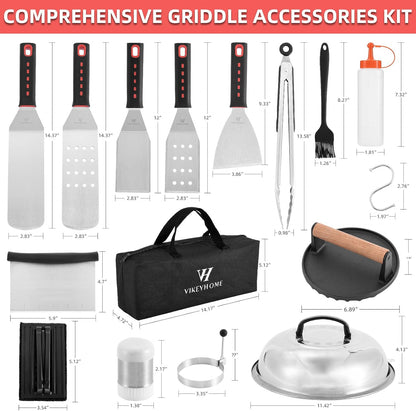VIKEYHOME Griddle Accessories Kit - 28 Pcs Flat Top Grill Set with Spatula, Tongs & Basting Cover