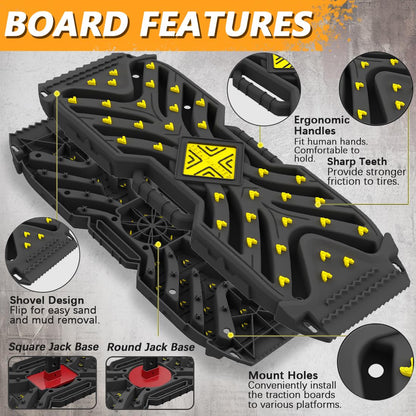 Traction Boards Recovery Boards (Pair) – 42″ × 14″ PA66 Off-Road Tracks with 34 High-Strength Contrasting-Color Spikes, Flip-Shovel & Jack-Base Design, Tow Strap – Sand, Mud, Snow 4×4 SUV ATV Truck