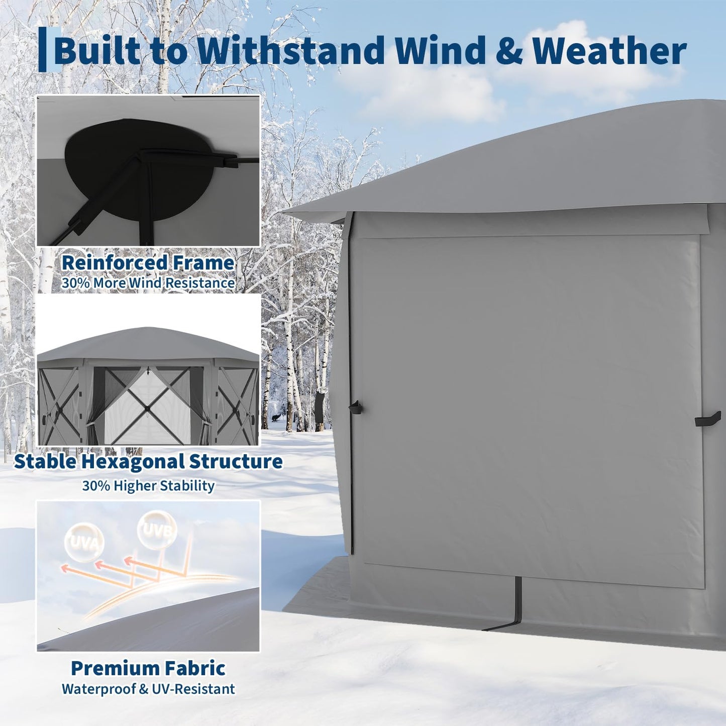 GarveeLife 13x13FT 6-Sided Pop Up Gazebo Tent，One-Push Setup Canopy Tent with Removable Canopy Top & Wind Cloths, Outdoor shelter for Camping, Backyard Parties, Outdoor Events - Grey