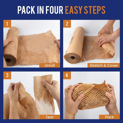 Honeycomb Packing Paper - 12" x 150ft with Rope & 20 Fragile Stickers | Eco-Friendly Shipping Supplies